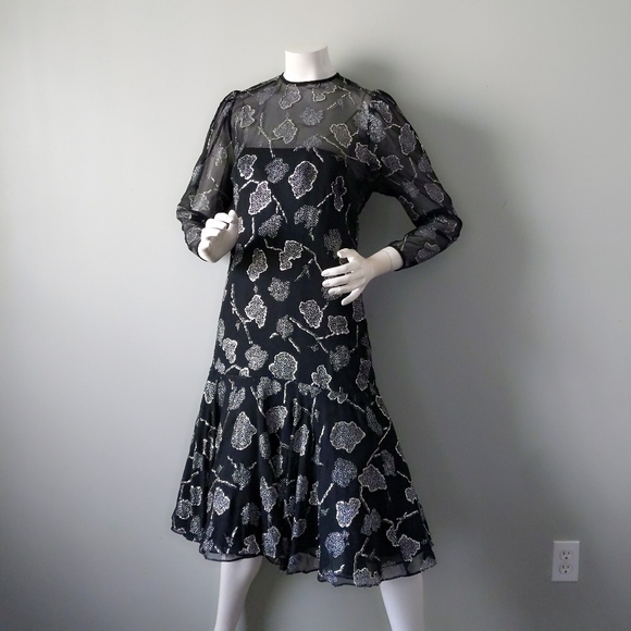 Vtg 80s Victor Costa Archival Sheer Glitter Leaf Print Full Skirt Party Dress M - Picture 3 of 8